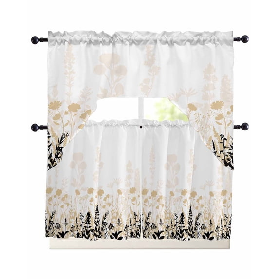 Cream Flowers Kitchen Curtains Swag Valance and Tier Curtains Set 24 Inch Length, Country Pastoral Spring Floral Herbs Rod Pocket Drape Panels Pair Swag Curtain for Bathroom/Cafe/Window