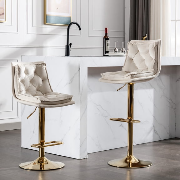 Cream Foam - Filled Bar Stools Set of 2 with Swivel / Chrome Footrest & Height - Adjustable for Poolside Bars