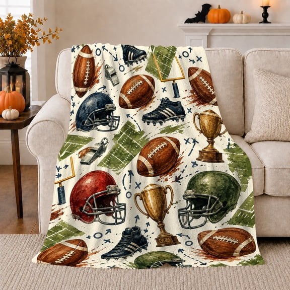 Cream Football Gear Birthday Gift for Football Fans, Helmet Trophy Whistle Watercolor Game Day Living Room Bedroom Scene Flannel Blanket, Cozy Warm Competitive Home Decor