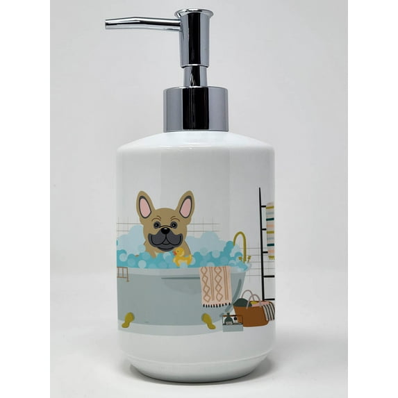 Cream French Bulldog in Bathtub Ceramic Soap Dispenser