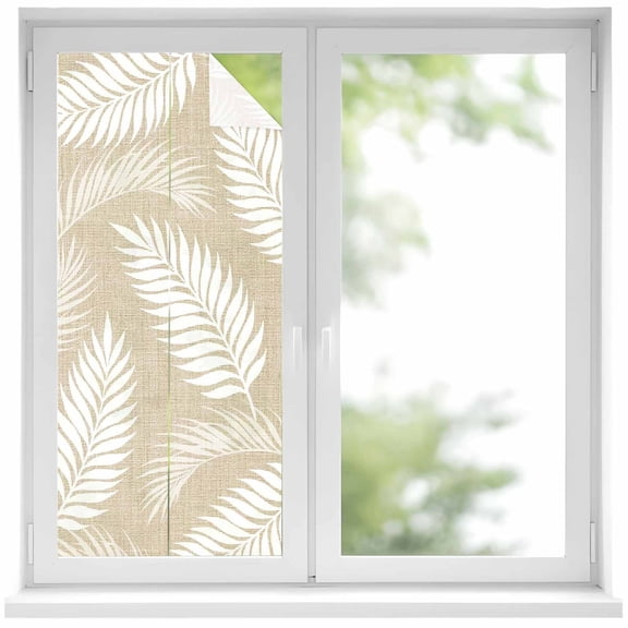 Cream Fronds Window Privacy Film, Rustic Beige Leaf Plant Linen Texture Farmhouse Botanical Frosted Glass Window Clings Static Cling UV Heat Blocking Reusable Door Sticker for Bathroom 17.7x39.3 Inch
