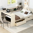 thumbnail image 1 of Cream Full Size Wood Platform Bed With Upholstered Headboard, Storage, Charging & Drawers Feature Padded Headboard In, 1 of 6