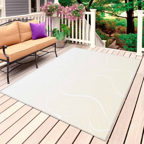 Cream Geometric Outdoor Rug for Patio/Deck/Porch, Non-Slip Large Area Rug 5 x 8 Ft, Modern White Stripe Abstract Distortion Art Indoor Outdoor Rugs Washable Area Rugs, Camping Rug Carpet Runner