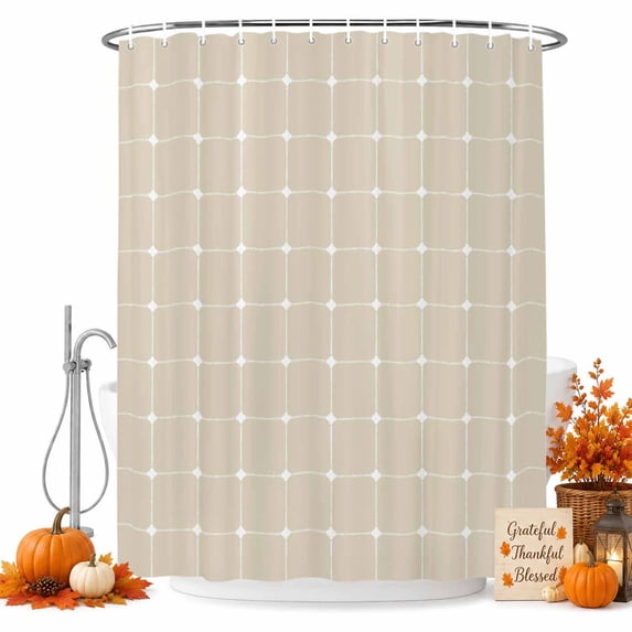 Cream Gingham Shower Curtain, Waterproof Shower Curtains for Bathroom, Modern Minimalist Geometric Plaid Washable Fabric Bathtub Curtain Set Bath Decor with 12 Hooks Stall 36"x72"