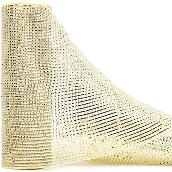 Cream Gold Deluxe Metallic Mesh Ribbon 10 inch x 30 feet(10Yard), Cream with Deluxe Gold Wide Foil,Christmas Ribbon for Wreath Swags Wedding Garland and Christmas Tree