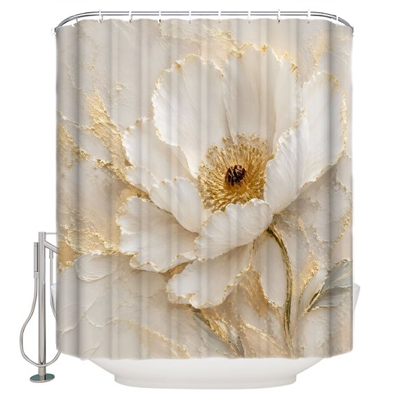 Cream Gold Flowers Bathroom Shower Curtains with 12 Hooks Polyester Waterproof Shower Curtain for Stalls and Bathtubs Modern Abstact Oil Painting Floral Decorative Bathroom Curtain 66x72 Inches