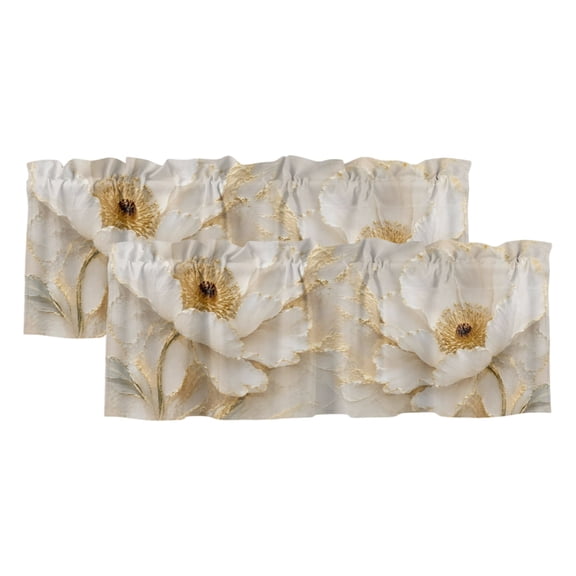Cream Gold Flowers Curtain Valances for Windows, Kitchen Valance Window Treatments Panel 2 Pack, Modern Abstact Oil Painting Floral Rod Pocket Short Curtains for Bathroom Bedroom 42 x 12 Inch