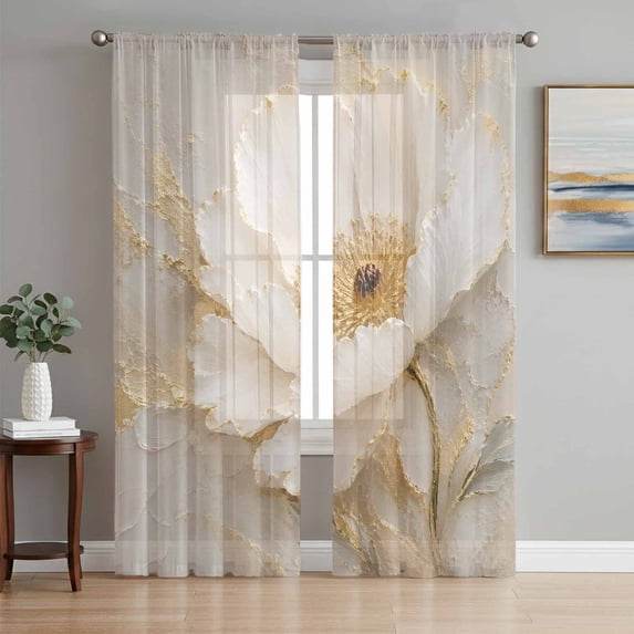 Cream Gold Flowers Sheer Curtains 84 Inch Length 2 Panels Set, Modern Abstact Oil Painting Floral Voile Window Treatment Rod Pocket Curtains Sheers Drapes for Bedroom/Living Room/Kitchen 52"x84"x2