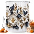 thumbnail image 1 of Cream Gold Flowers Shower Curtain Set - Long 72" x 84" Washable Bathtub Curtain with 12 Hooks, Modern Blooms Floral Navy Blue Leaves Waterproof Fabric Stall Shower Curtains for Bathroom Décor, 1 of 8