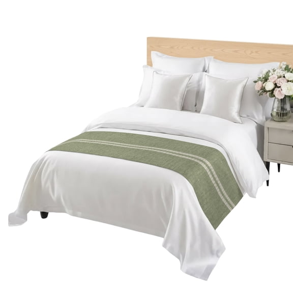 Cream Grain Line Bed Runner for Bedroom, Sage Green Woven Canvas Style Romantic Country Decorative Satin Bed Runners & Scarves for Foot of Queen Beds Bedding Throws for Hotel Guest Room 83" x 20"