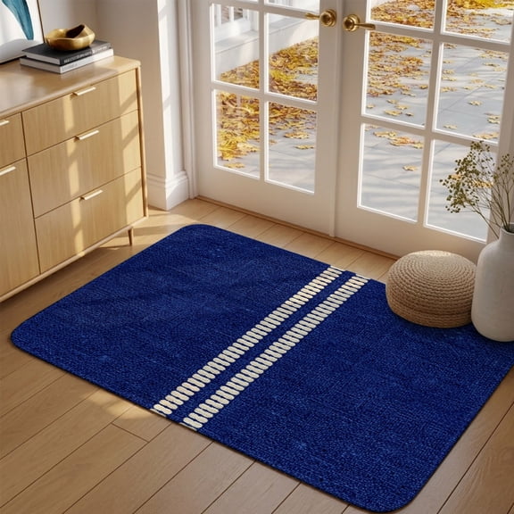 Cream Grain Line Front Door Mat Indoor Entrance, Navy Blue Woven Canvas Style Romantic Country Absorbent Dirt Resist Welcome Mats Non-Slip Low-Profile Doormat Washable Entry Rug Indoor 17x30 Inch