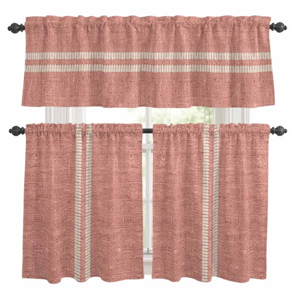 Cream Grain Line Kitchen Curtains and Valances Set, Blush Pink Woven Canvas Style Romantic Country 3 Piece Curtains Valances and Tiers Set Rod Pocket for Kitchen Bathroom Windows 36 Inch