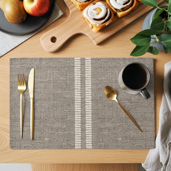 Cream Grain Line Placemats Set of 2, Soft Taupe Woven Canvas Style Romantic Country Heat Insulated Linen Place Mats, Washable Stain-Proof Table Mats for Dining Tables Holiday Decor 13x19 Inches