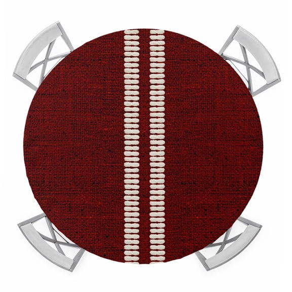 Cream Grain Line Round Table Cover, Barn Red Woven Canvas Style Romantic Country Waterproof Fitted Tablecloths for 36"-44" Tables, Washable Picnic Table Cover for Camping Dining Indoor Outdoor