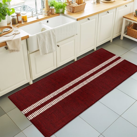 Cream Grain Line Washable Runner Rugs 2'x6', Barn Red Woven Canvas Style Romantic Country Washable Runner Rug Non-Slip Sturdy Edge Binding Carpet for Bedside Hallway Runner Kitchen Galley