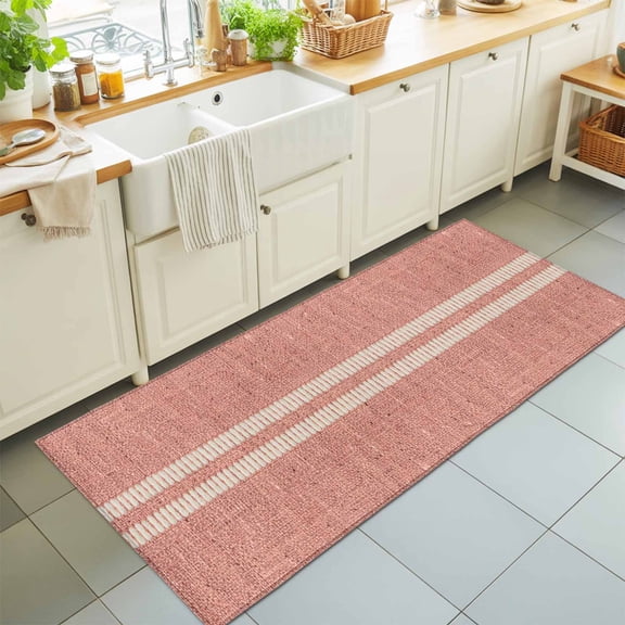 Cream Grain Line Washable Runner Rugs 2'x6', Blush Pink Woven Canvas Style Romantic Country Washable Runner Rug Non-Slip Sturdy Edge Binding Carpet for Bedside Hallway Runner Kitchen Galley