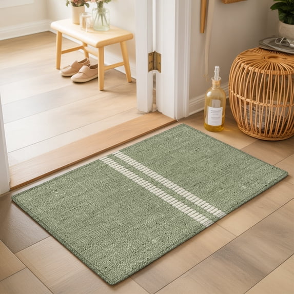 Cream Grain Line Washable Small Entryway Area Rugs 2'x3', Sage Green Woven Canvas Style Romantic Country Washable Throw Rug Non-Slip Sturdy Edge Binding Carpet for Front Door Floor Room Entry