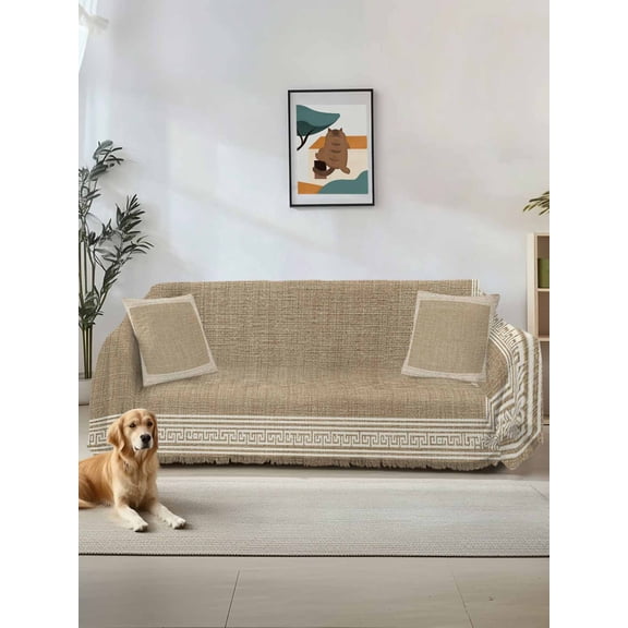 Cream Greek Key Couch Cover, Geometric Greece Ancient Rustic Sofa Cover Blanket for 1 Seat Cushion, Sectional Sofa Slipcover Furniture Protector for Living Room Bedroom 71''x91''