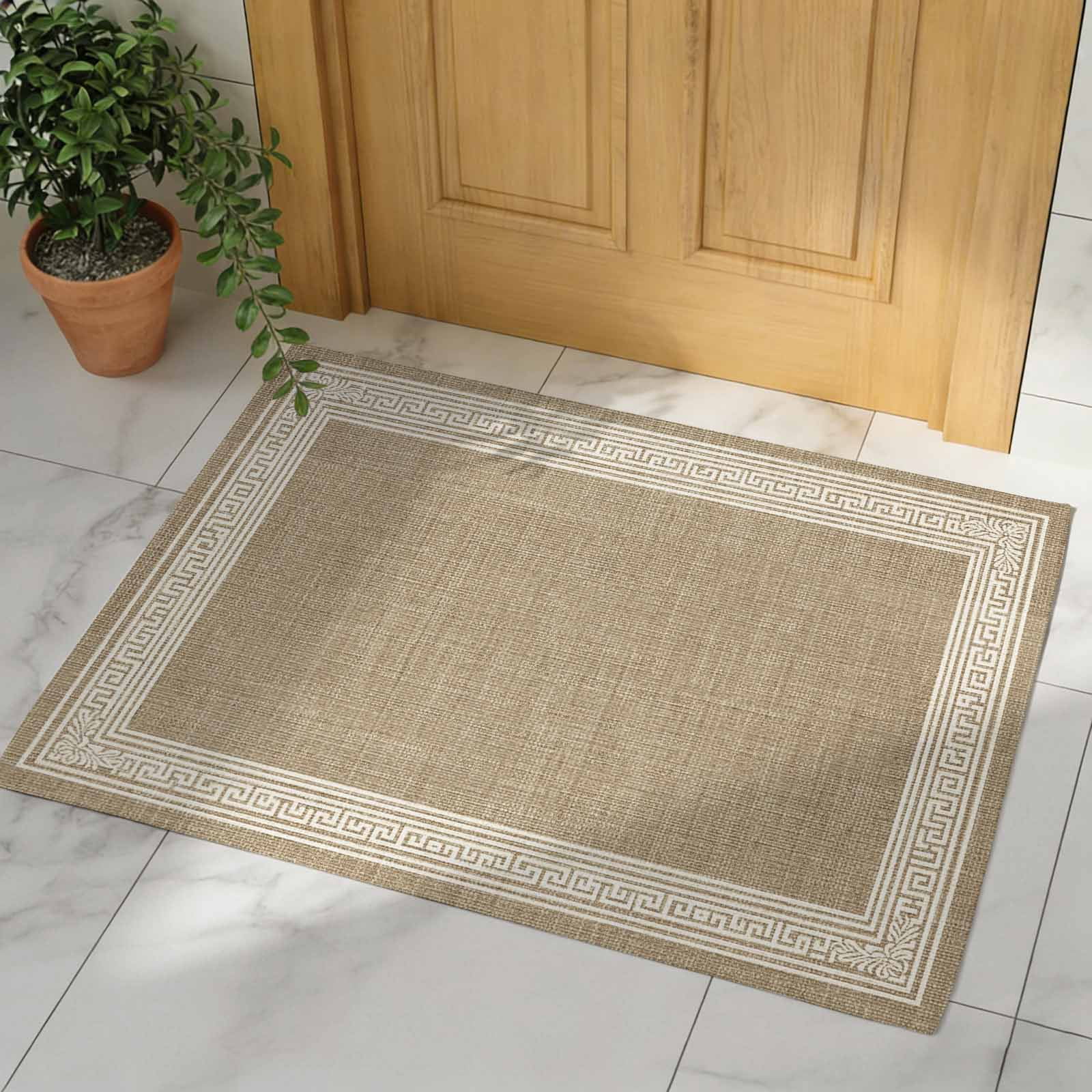 Cream Greek Key Door Mat, Non Slip Bathroom Rugs, Geometric Greece ...
