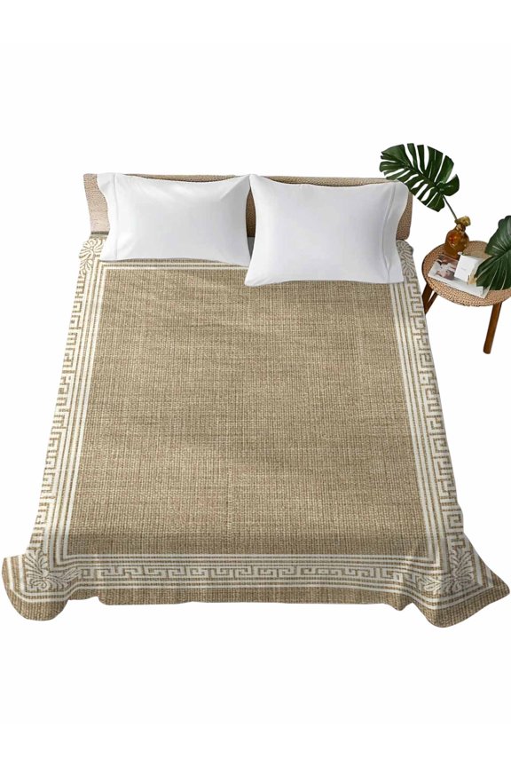 Cream Greek Key Flat Sheets Only King Size, Soft Breathable Bed Top Sheets for Mattress, Geometric Greece Ancient Rustic Luxury Bedding Flat Sheets for Home Hotel Bedroom Bed Protection
