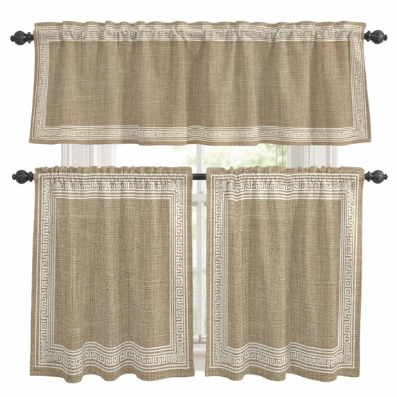 Cream Greek Key Kitchen Curtains Sets for Windows 36 Inch Length, Geometric Greece Ancient Rustic Rod Pocket Window Treatments Tier Curtains and Valances Set for Bedroom/Bathroom