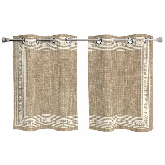 Cream Greek Key Kitchen Curtains Small Short 39 Inch Length, Geometric Greece Ancient Rustic Grommet Top Bedroom Living Room Curtains, Light Filtering Cafe Curtain Drapes 2 Panels Set 55''x39''