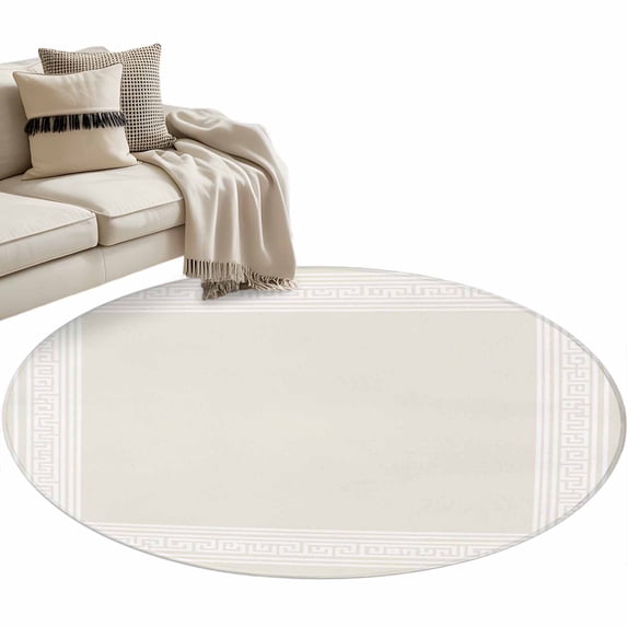 Cream Greek Key Large Area Rugs for Bedroom Living Room, Soft Non Slip Carpet Bedside Rug, Geometric Greece Ancient Farmhouse Geo Round Floor Cover Kitchen Accent Rug 3.3' for Dining Room/Office