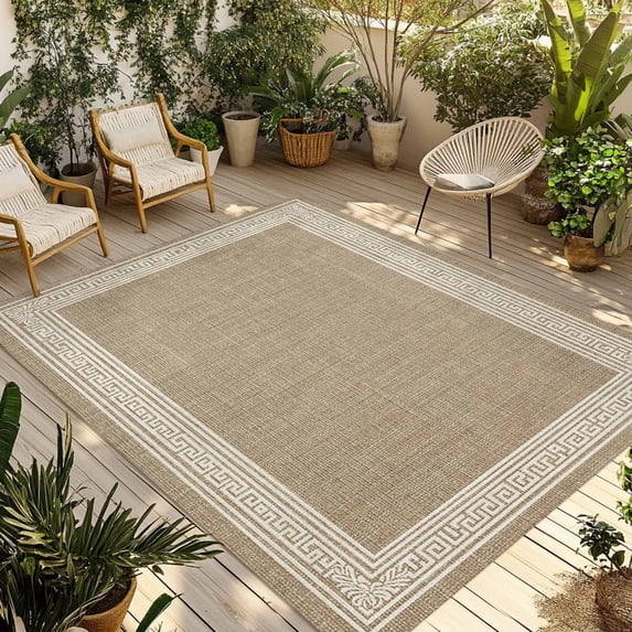 Cream Greek Key Outdoor Rug 3x5 Ft - Reversible Patio Rug Outdoor Camping Rugs, Geometric Greece Ancient Rustic Washable Indoor Outdoor Area Rugs, Non-Slip Outdoor Carpet Runner for Deck/Porch