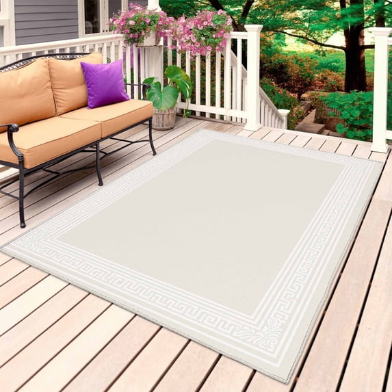 Cream Greek Key Outdoor Rug for Patio/Deck/Porch, Non-Slip Large Area Rug 3 x 5 Ft, Geometric Greece Ancient Farmhouse Geo Indoor Outdoor Rugs Washable Area Rugs, Reversible Camping Rug Carpet Runner