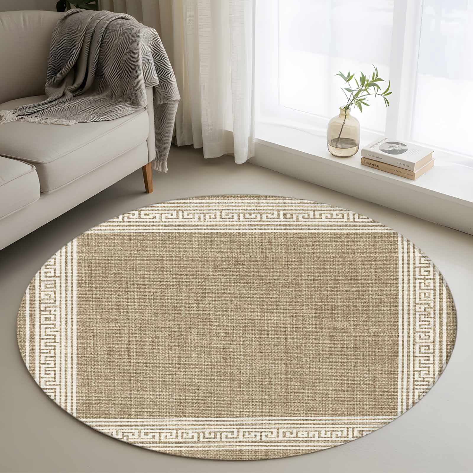 Greek Round Rug Texture Cream Greek Key Round Area Rug 4 FT, Non Slip Indoor Outdoor Rug ...