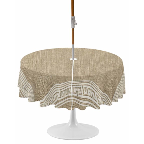 Cream Greek Key Round Outdoor Tablecloth, Waterproof Table Cloth Cover with Umbrella Hole and Zipper, Geometric Greece Ancient Rustic Table Protector for Patio Party Picnic 54" Round