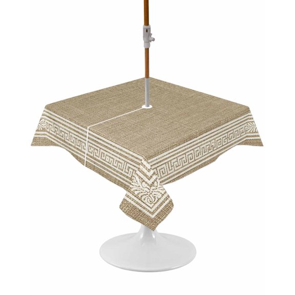 Cream Greek Key Square Outdoor Tablecloth, Waterproof Table Cloth Cover with Umbrella Hole and Zipper, Geometric Greece Ancient Rustic Table Protector for Patio Party Picnic 54"x54"