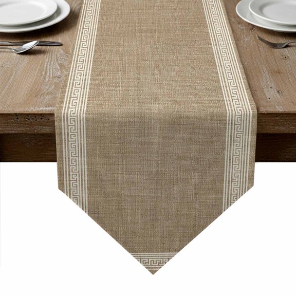 Cream Greek Key Table Runner Linen Burlap Table Runner 36 Inches Small Geometric Greece Ancient Rustic Dresser Scarves for Kitchen Island Coffee Dining Room Party Wedding Holiday Decoration 13"x36"