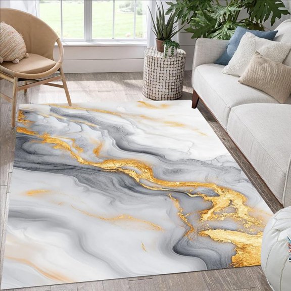 Cream Grey Gold Marble Swirl Modern Abstract Area Rug 3'x5' Faux Wool Soft Fluffy Rug for Living Room Bedroom Guestroom Unique Art Deco Home Office Diningroom Indoor Floor Carpet Washable Rug