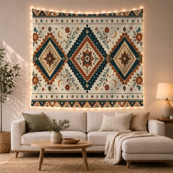 Cream Ground with Teal Rust Starbursts, Peaceful Boho Style for Desert Decor Lovers, Geometric Wall Art, Housewarming Gift, Tapestry Wall Hanging for Bedroom and Living Room