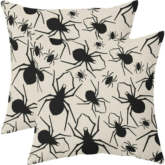 Cream Halloween Pillow Covers 16x16 Set of 2 Black Spider Print Outdoor Decorative Throw Pillows Holiday Scary Themed Farmhouse Pillowcases Linen Cushion Case Decor for Home Sofa Couch Bed
