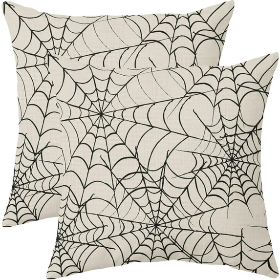 Cream Halloween Spiderweb Pillow Covers 18x18 Set of 2 Black Web Outdoor Decorative Throw Pillows Halloween Scary Themed Farmhouse Pillowcases Linen Cushion Case Decor for Home Sofa Couch Bed