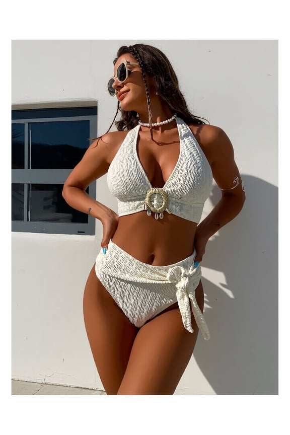 Cream Halter Bikini Set - Embellished High Waisted Swimsuit for Women; Textured Retro Two Piece Bathing Suit; Stretchy Polyester Beachwear; Summer Swimsuit