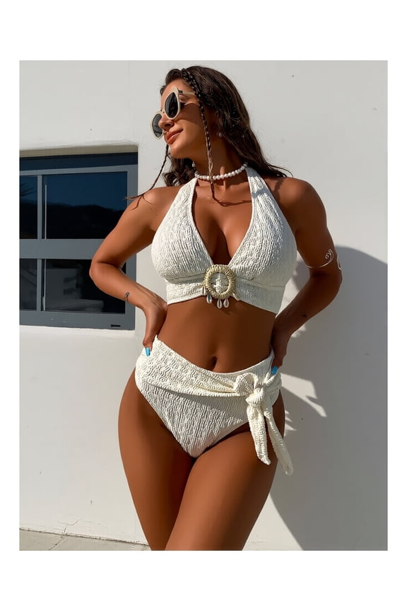 Cream Halter Bikini Set - High Waisted Swimsuit for Women, Textured & Embellished Two Piece Bathing Suit, Stretchy Polyester, Adjustable Halter Top, Summer Beachwear