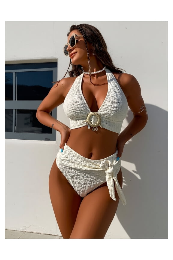 Cream Halter Bikini Set - High Waisted Swimsuit for Women, Textured Embellished Two Piece Bathing Suit, Stretchy Polyester Fabric, Summer Beach Pool Swimwear