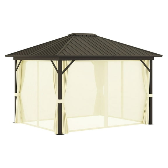 Cream Hardtop Gazebo 11.9'x9.8' - Metal Roof Canopy with Curtains & Netting - Outdoor Patio Shade for Parties & Events