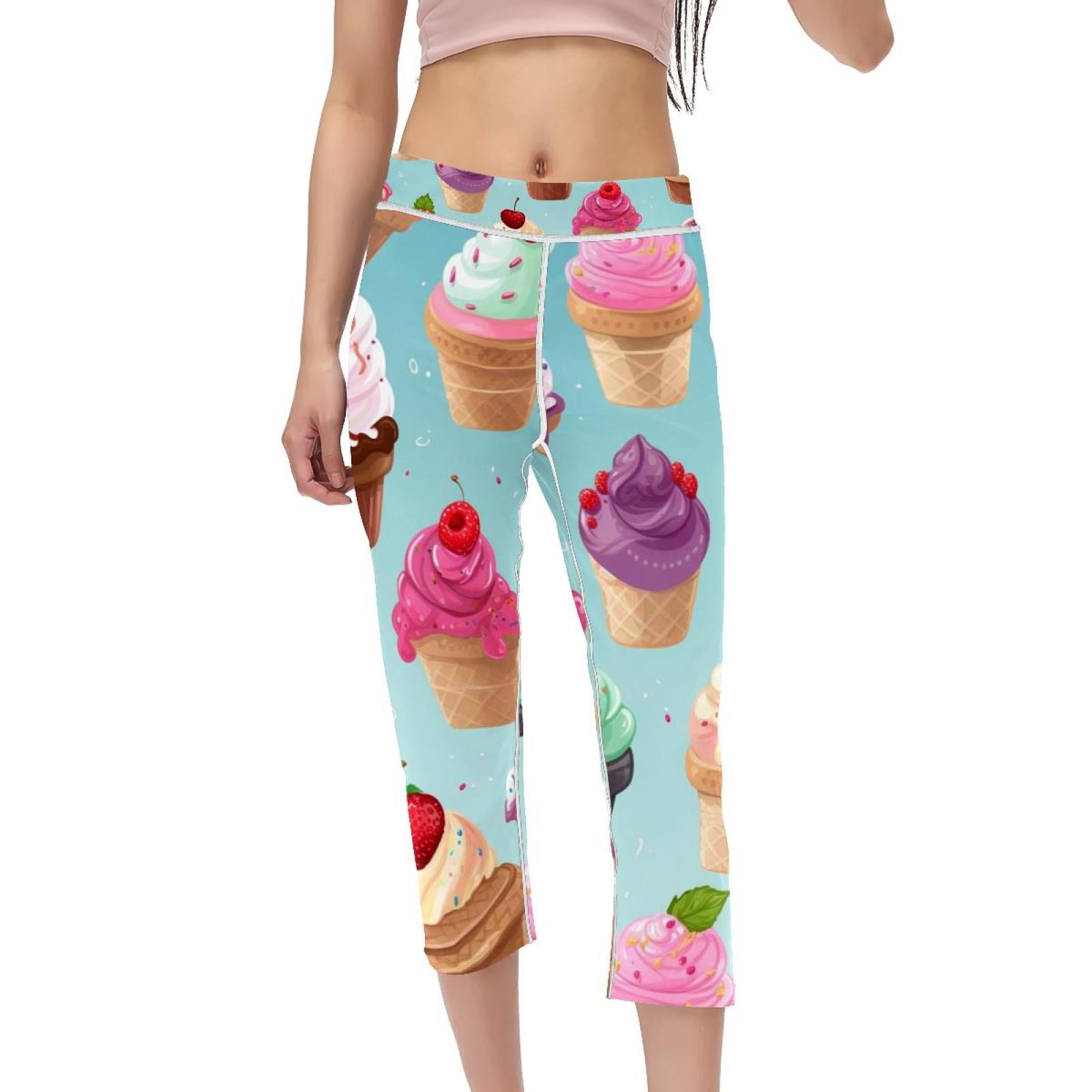 Cream High Waist Capris Yoga Leggings Not SeeThrough Printed Gym Pants