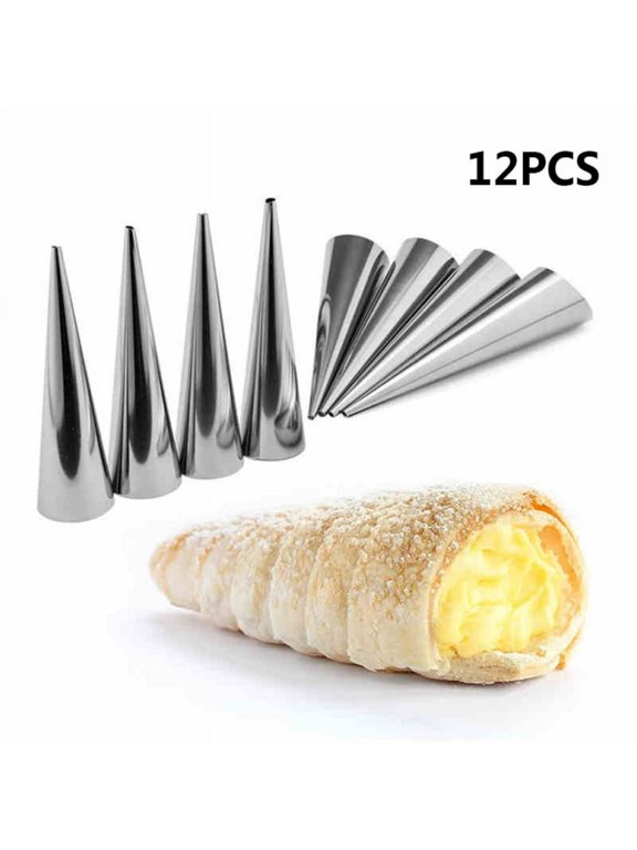 Cream Horn Molds 12pcs Large Size 4.7 inch Baking Cones Stainless Steel Roll Horn Forms Conical Danish Pastry Croissant Cones Moulds