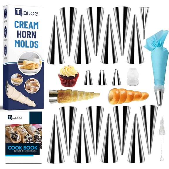 Cream Horn Molds for Baking, 23pcs Horn Forms Set, Non-stick Stainless Steel 15pcs Cone Shaped with Cleaning Brush, Piping Tip, Piping Bag, for ice Cream Cones, Puff Pastry, Baking Cones
