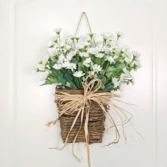 Cream Hydrangea Door Hanger Basket Wreath, 2025 Wildflowers Door Hanging Basket Wreath, Front Door Beautiful Artificial Spring and Summer Wreath Welcome Sign, Home Porch Farmhouse Decor