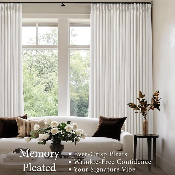 Cream Ivory Pinch Pleated Linen Curtains, 2-Pack 108" - Semi Sheer Light Filtering Drapes for Living Room with Hooks