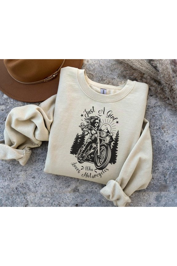 Cream Just A Who Loves Motorcycle Graphic Sweatshirt for Biker Chic Style