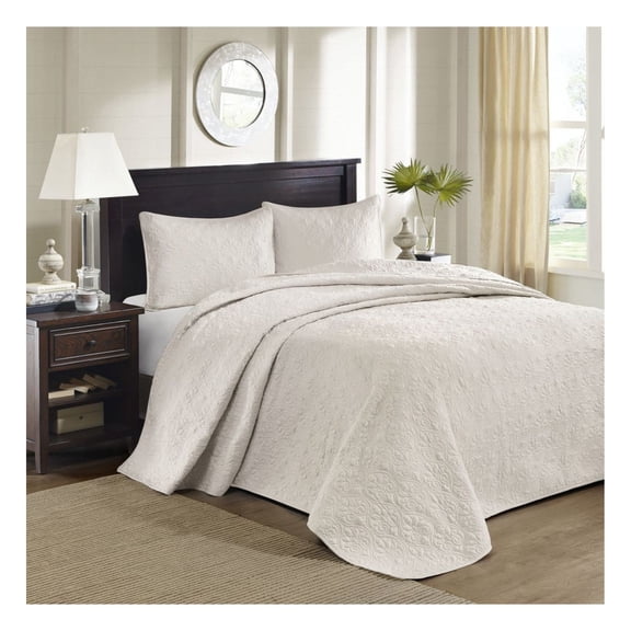 Cream King Bedspread Set - Reversible Quilted Bed Cover 3 Piece - Soft Cotton Fill - Oversized Drape - Bedroom Decor