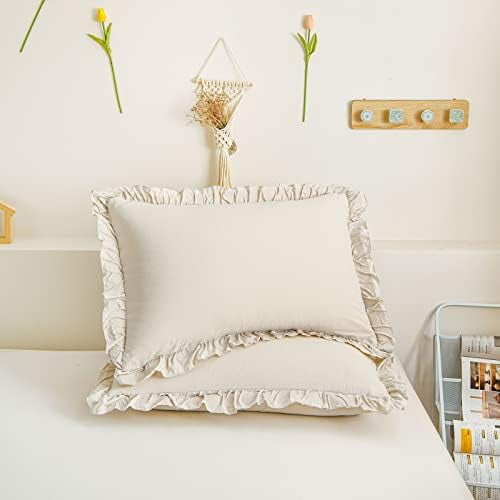 Cream King Ruffled Shams - Set of 2, Cute Solid Fringe Design, Beige Grey - Shabby Chic Pillowcases (King, 20''x36'')