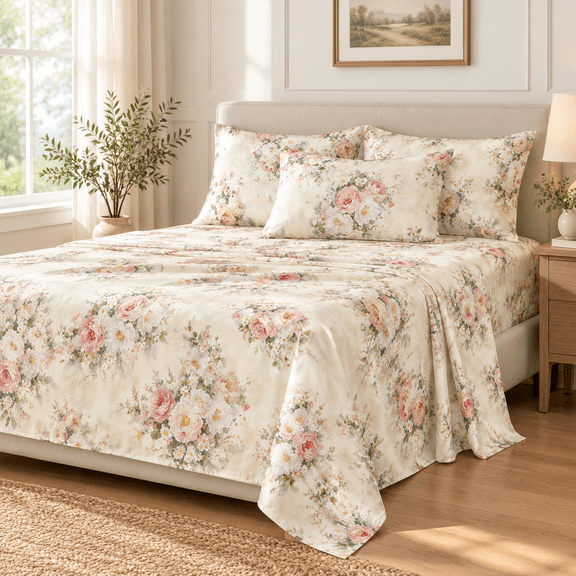 Cream King Size 4-Piece Cotton Twill Bed Sheet Set with Rose Print